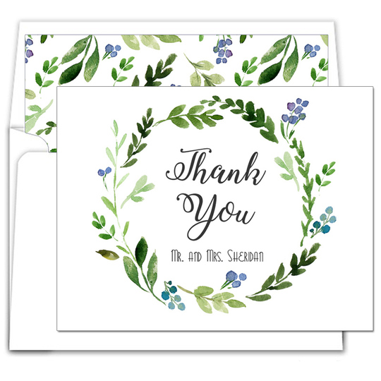 Green Wreath Thank You Foldover Note Cards